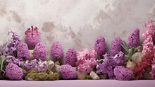Large Flower Bed With Multi-colored Hyacinths, Traditional Easter Flowers, Flower Background, Easter Spring Background.