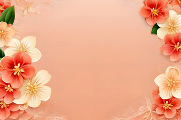 Wall Mural - Round frame made of pink, yellow, and red, and beige flowers, green leaves, and branches on a Light peach background. Flat lay, top view. Valentine's background