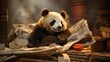  a panda bear sitting on top of a pile of newspaper next to a pile of other papers and a cup.
