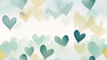  A Bunch Of Green And Yellow Hearts On A White Background With A Blue Sky And Clouds In The Back Ground.