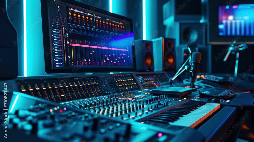Imagine a visually captivating scene in a modern music record studio ...