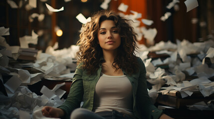 Young businesswoman throws paper document pages