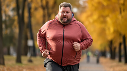 Wall Mural - Funny overweight man jogging on the road