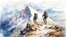 Mountain Expedition, Adventurous Mountain Expedition Scene In Watercolors Suitable For Adventure Travel Brochures, Motivational Posters, AI Generated