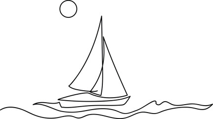 Wall Mural - Yachts on sea waves. Seagull in the sky. Continuous line  drawing illustration. Isolated on white background