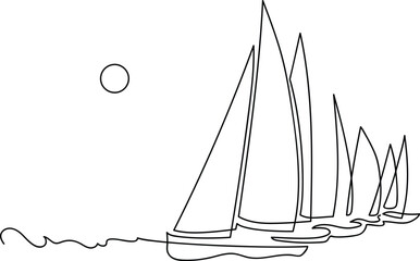 Wall Mural - Yachts on sea waves. Seagull in the sky. Continuous line  drawing illustration. Isolated on white background