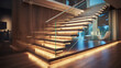 A chic, wooden staircase with clear glass sides, subtly lit by LED strips beneath the handrails, in a modern, art-inspired home.