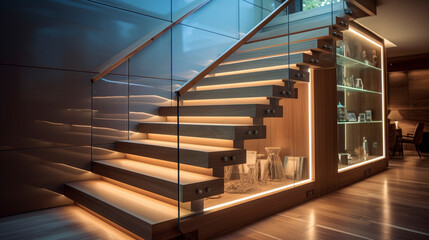 Wall Mural - A chic, wooden staircase with clear glass sides, subtly lit by LED strips beneath the handrails, in a modern, art-inspired home.