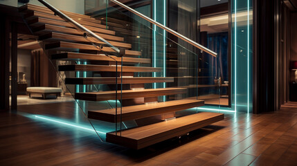 Wall Mural - A chic, wooden staircase with clear glass sides, subtly lit by LED strips beneath the handrails, in a modern, art-inspired residence.