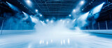 Fototapeta Sport - Blue Ice Rink Background. Professional Arena illuminated neon lights, spotlights with smoke. Copyspace. Winter poster for hockey competitions. Ice skating. Stadium. Generative ai