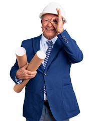 Sticker - Senior handsome grey-haired man wearing architect hardhat holding blueprints smiling happy doing ok sign with hand on eye looking through fingers