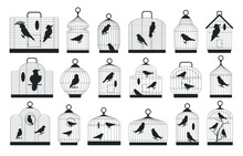 Birds Cages Silhouettes. Domestic Birds Sitting In Metal Cages Silhouette, Cockatoo, Finch, Canary And Budgie Flat Vector Illustration Set. Black Ink Cages Collection