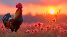 Rooster In The Sunset, A Proud Rooster Crowing At Dawn, Signaling The Start Of A New Day In The Countryside
