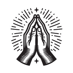 Hands folded in prayer. Vintage black engraving illustration. Monochrome vector icon. Isolated and cut out	