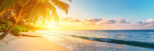 Sunny Exotic Beach By The Ocean With Palm Trees At Sunset Summer Vacation Generate AI