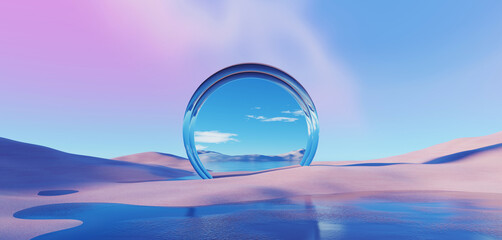 Wall Mural - 3d render, abstract surreal pastel landscape background with architecture and geometric, beautiful g