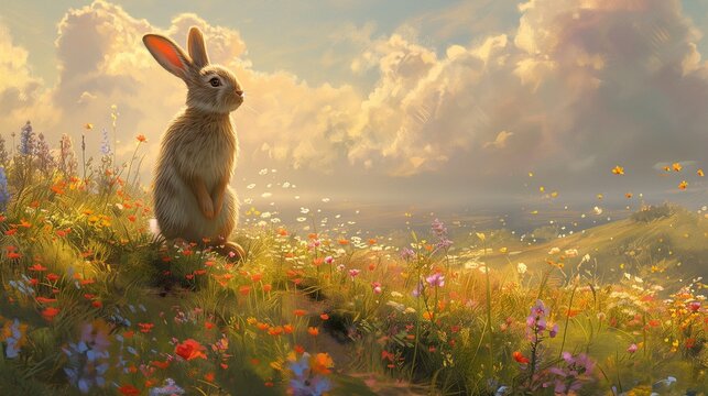 A proud rabbit standing on a hill, overlooking a valley filled with flowers, its ears catching the gentle breeze, creating a picturesque scene