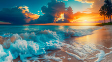 Tropical Beach Panorama View With Foam Waves Before Storm, Seascape With Palm Trees, Sea Or Ocean Water Under Sunset Sky With Dark Blue Clouds. Background Summer