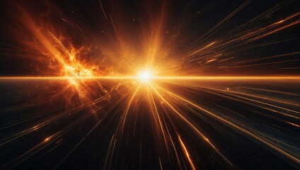 Bright orange light explosion on black background. Space art, abstract wallpaper, anamorphic lens flare, volumetric lighting. Ideal for illustrating science news