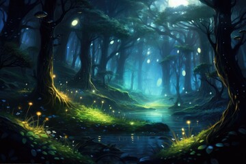 Wall Mural - A serene painting of a lush forest, complete with a tranquil pond and enchanting fireflies, An enchanting moonlit forest with fireflies hovering around, AI Generated