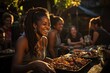Friends having fun on an outdoor barbecue with succulent meats on the barbecue., generative IA