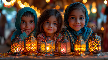A heartwarming moment of children decorating Ramadan lanterns and enjoying festive treats, their faces lit with joy as they partake in the cultural traditions that make this holy m