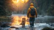 Human walking with a dog in a forest, Dog walking 