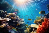 Fototapeta Do akwarium - Experience the captivating beauty of a vibrant coral reef teeming with diverse fish species and thriving marine life, An underwater view of a vibrant coral reef teeming with fish, AI Generated