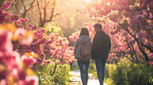 Young Couple On Spring Walk In Flower-filled Park