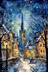 Poster - Watercolor illustration of winter street in the old town of Tallinn, Estonia. Travel poster, vertical wall art decor, printable cityscape