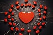 A powerful image capturing a red heart enclosed by numerous sharp pins and needles, portraying love and the need for protection, Arrows forming a heart on an archery target, AI Generated