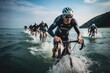 A group of determined bicyclists skillfully maneuver their bikes through the water, Athletes competing in a challenging triathlon, AI Generated