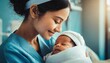 © Marko - Nurse cradling a infant, newborn baby, displaying genuine emotions of nurture and care. Tender healthcare moment captured in a modern hospital setting
