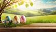 Three painted easter eggs celebrating a Happy Easter on a spring day with a green grass meadow