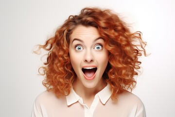 Wall Mural - Portrait of young excited woman on white background