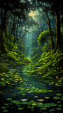 Fototapeta Krajobraz - A painting of a stream running through a forest, a storybook illustration, fantasy art, poster art.
