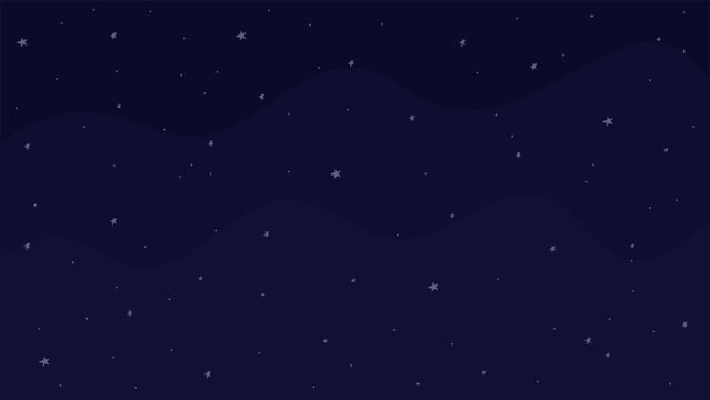 Night sky with stars in cute cartoon style, flat vector illustration. Space background in dark blue colors. Great for children and kids designs.