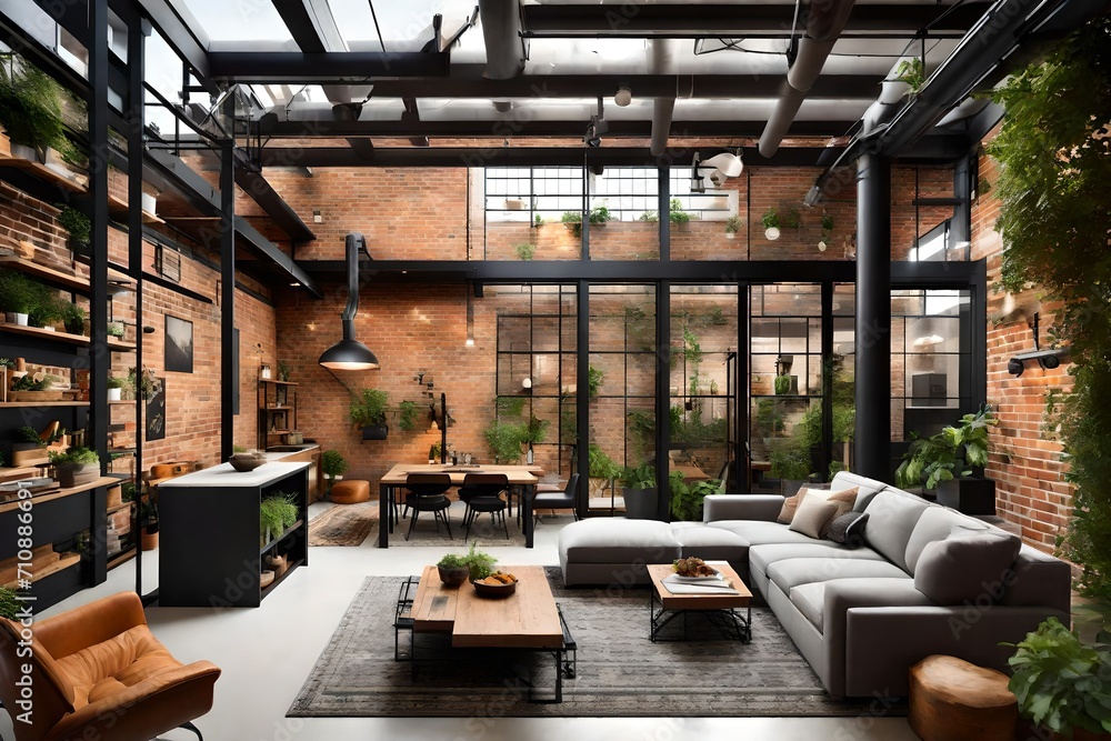 An industrial loft-style home with brick walls and steel beams, leading ...