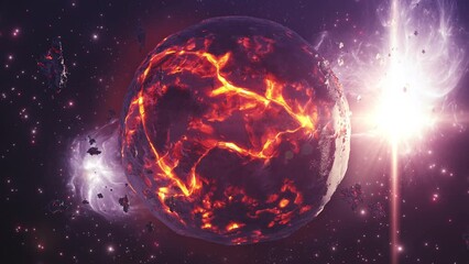 Wall Mural - hot dying alien planet with hot magma and asteroids, 4k 3d rendering of dying planet, 4k, 2022