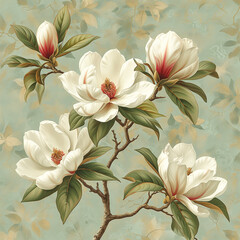 Wall Mural - White magnolia fragrant flowers on the tree branch, vintage style illustration, wallpaper background