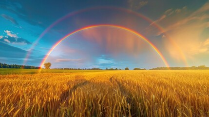  Rainbow gracefully arches over a golden wheat field