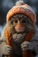 A Monkey Wearing A Hat And Scarf