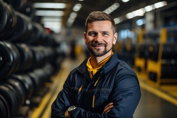 Wall Mural - Portrait of a smiling Caucasian man in a blue and yellow uniform standing in a warehouse full of tires