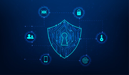 shield security protection digital technology on blue background. Security system prevent viruses and theft. cyber data shield internet online safety. vector illustration hi-tech.