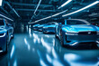 In a futuristic garage, a row of self-driving cars waits patiently for their next mission. The soft hum of electric engines and the subtle glow of ambient lights create an otherworldly atmosphere. The