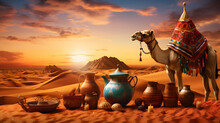 A Camel Standing On A Sand Dune With A Group Of Pots And A Mountain In The Background