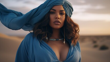 Wall Mural - a high fashion close up portrait of a female plus size model in the desert wearing minimalistic blue clothes, cloudy sunset - Generative AI