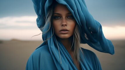 Wall Mural - a high fashion close up portrait of a female plus size model in the desert wearing minimalistic blue clothes, cloudy sunset - Generative AI