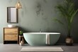Bathroom with a green bathtub and natural elements