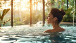 © ADDICTIVE STOCK - Serene woman enjoying a spa pool at twilight. Generative AI image
